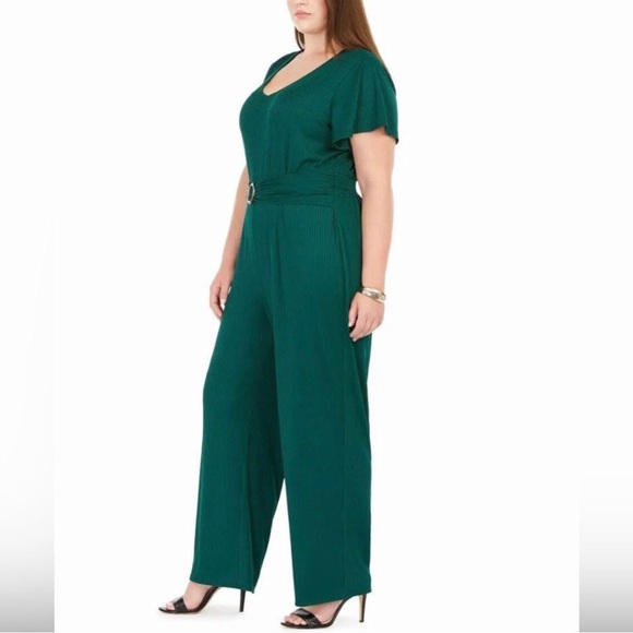 NY Collection Woman Plus Size Ribbed Jersey Knit Belted Jumpsuit Emerald NWT - Picture 3 of 8